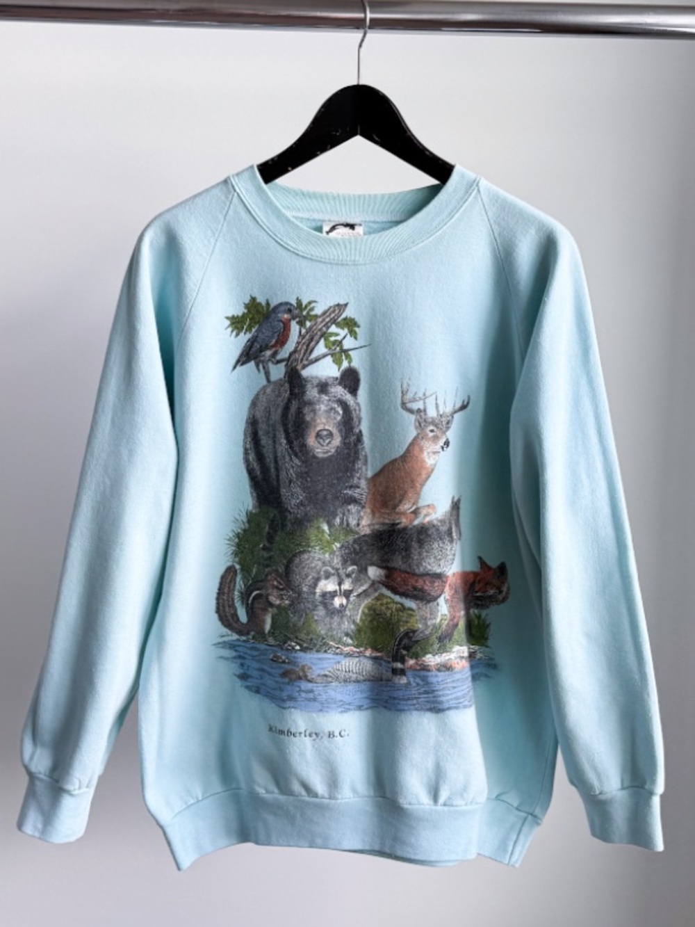 Vtg 1989 Harlequin Nature Graphics Wildlife Bear Moose Sweatshirt M Seafoam Aqua